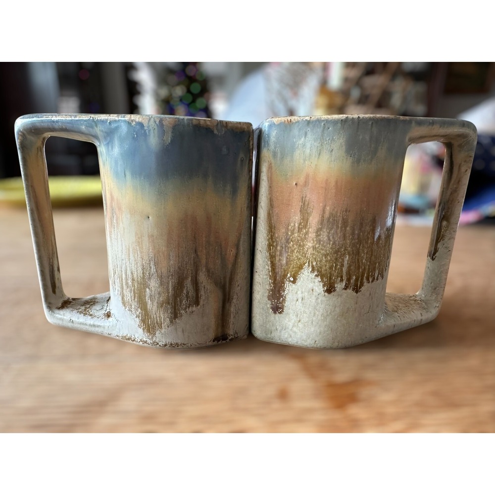 2 Vintage Rodolfo Papdilla Stoneware Mugs Kokopelli Design Handmade Drip Glaze